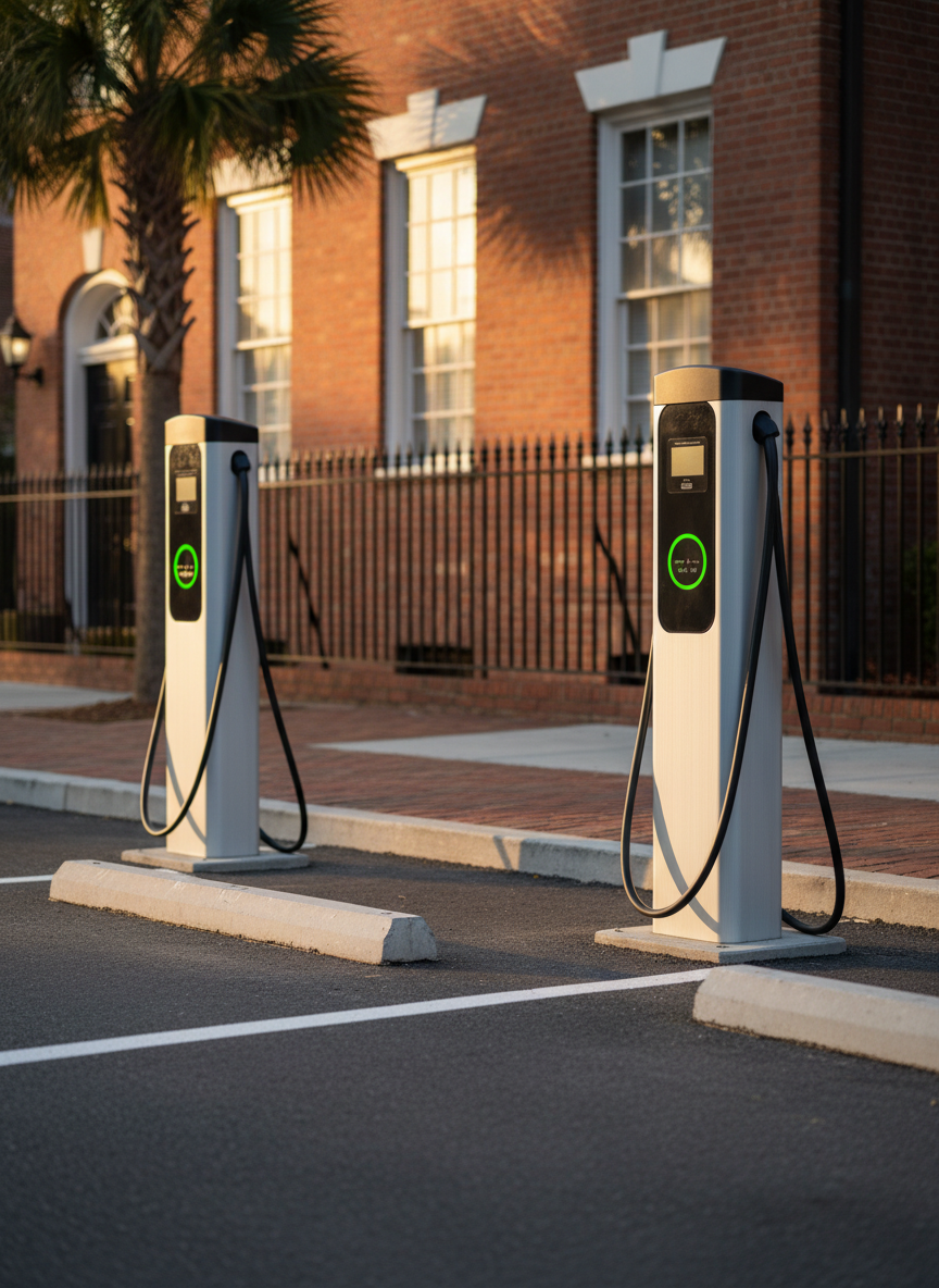 A detailed close-up, photographic realism shot of an exterior commercial EV charging installation beside a brick building reminiscent of Charleston architecture, with warm red bricks, white trim, and black iron rail-style fencing. In the foreground, two pedestal-style EV chargers with brushed aluminum bodies and green status lights stand on neatly painted parking spaces with crisp lines. Late afternoon golden hour sunlight casts long, soft shadows and gives the brick a warm glow, while the chargers’ metal surfaces catch clean highlights. Palmetto trees and a hint of cobblestone are softly blurred in the background, evoking the Charleston, SC region. The mood is confident and future-focused, composed at a low, three-quarter angle to emphasize the equipment’s robustness and professional installation quality.